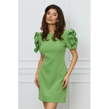 Rochie de ocazie verde fistic cu flori maxi pe maneci