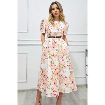Rochie de vara SOREYA, cu imprimeu romantic si curea in ton, Alb Floral, Marimea S/M