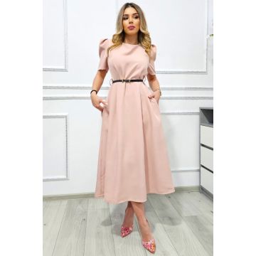 Rochie de zi SOREYA, croi bufant si curea inclusa, Roz prafuit Uni, Marimea S/M