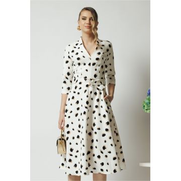Rochie din stofa alba midi de zi cu imprimeuri bej si decolteu