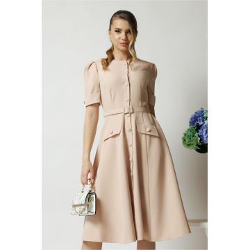 Rochie DY Fashion bej de zi cu nasturi si curea in talie