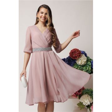 Rochie DY Fashion eleganta din voal roz prafuit cu fir stralucitor si cordon