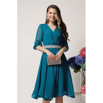Rochie DY Fashion eleganta din voal turcoaz cu fir stralucitor si cordon