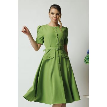 Rochie DY Fashion verde de zi cu nasturi si curea in talie