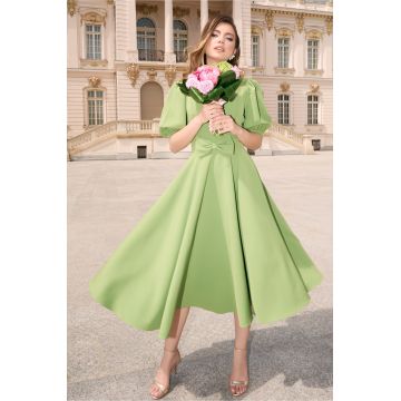 Rochie DY Fashion verde fistic din stofa in clos cu funda in talie