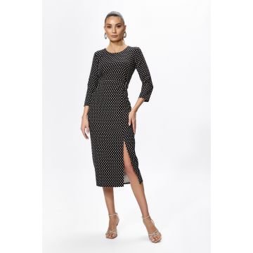 Rochie eleganta cu buline si detaliu cu strass-uri in talie Nerina Neagra