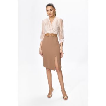 Rochie eleganta din crepe si voal cu buline Renatta Bej