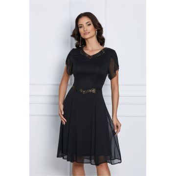 Rochie eleganta din voal neagra cu glitter auriu in talie si la decolteu