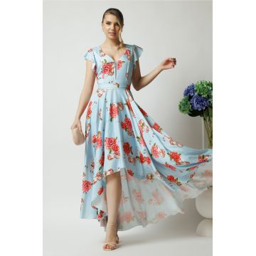 Rochie eleganta lunga din tafta bleu cu imprimeu si cordon in talie