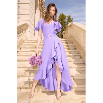 Rochie LaDonna lunga de ocazie din stofa lila cu volane si cordon in talie