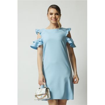 Rochie LaDonna office din stofa bleu cu volane la maneci