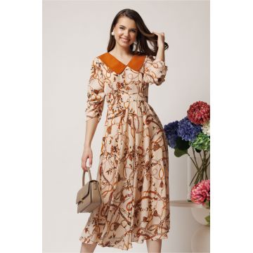 Rochie LaDonna office din voal bej cu print chain si guler maxi maro