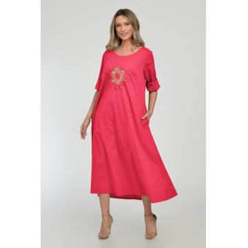 Rochie lunga A-line cu floare paiete aurii mate, din poplin de bumbac, fucsia