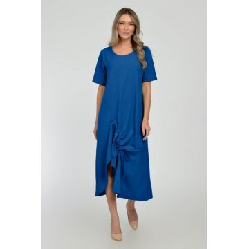 Rochie lunga A-line din in mercerizat cu siret la poale, albastra