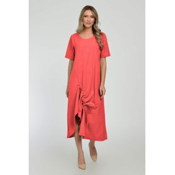 Rochie lunga A-line din in mercerizat cu siret la poale, corai