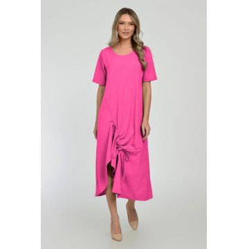Rochie lunga A-line din in mercerizat cu siret la poale, fucsia