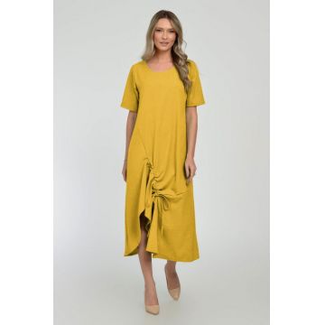 Rochie lunga A-line din in mercerizat cu siret la poale, galben mustar
