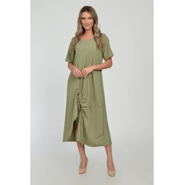 Rochie lunga A-line din in mercerizat cu siret la poale, kaki deschis