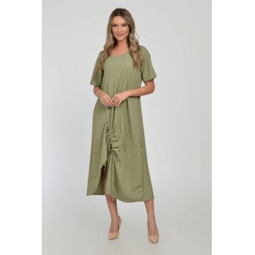 Rochie lunga A-line din in mercerizat cu siret la poale, kaki deschis