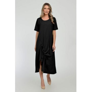 Rochie lunga A-line din in mercerizat cu siret la poale, neagra
