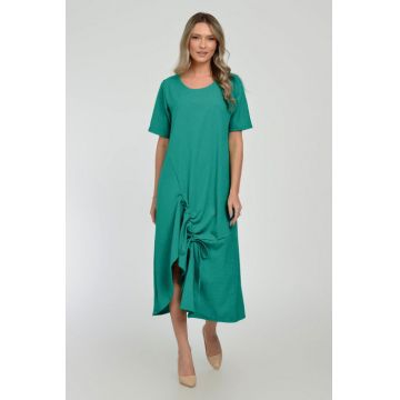 Rochie lunga A-line din in mercerizat cu siret la poale, turcoaz inchis