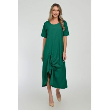 Rochie lunga A-line din in mercerizat cu siret la poale, verde inchis