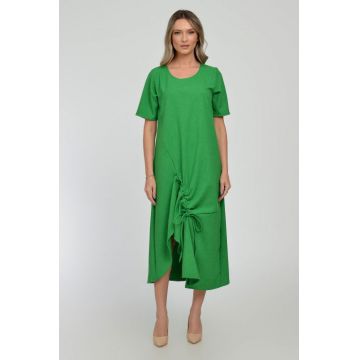 Rochie lunga A-line din in mercerizat cu siret la poale, verde intens