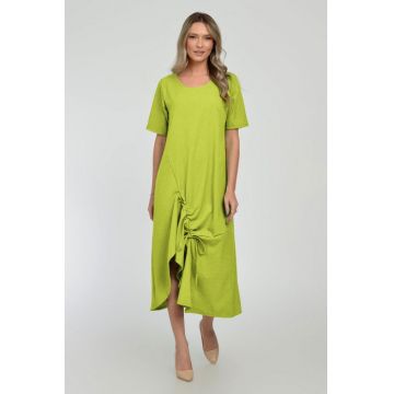 Rochie lunga A-line din in mercerizat cu siret la poale, verde lime