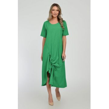 Rochie lunga A-line din in mercerizat cu siret la poale, verde smarald