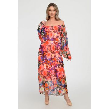 Rochie lunga A-line, din matase naturala cu imprimeu vibrant in nuante de corai, portocaliu si roz