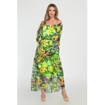 Rochie lunga A-line, din matase si vascoza cu imprimeu vibrant in nuante de verde si galben