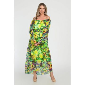 Rochie lunga A-line, din matase si vascoza cu imprimeu vibrant in nuante de verde si galben
