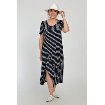 Rochie lunga A-line din tricot de vascoza cu siret la poale, bleumarin cu dungi albe