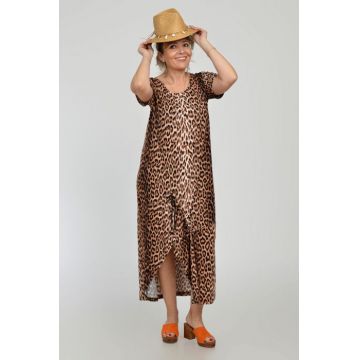 Rochie lunga A-line din tricot de vascoza cu siret la poale, imprimeu animal print
