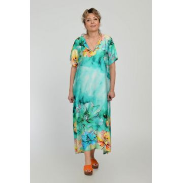 Rochie lunga A-line din vascoza cu matase, cu imprimeu floral pictural pe fond turcoaz