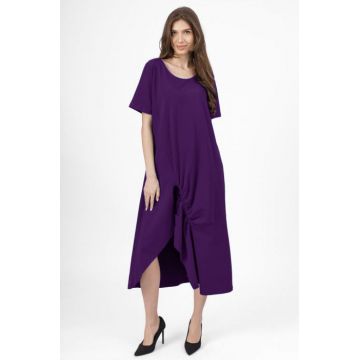 Rochie lunga A-line mov inchis, din tricot de bumbac cu siret la poale