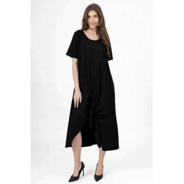 Rochie lunga A-line neagra, din tricot de bumbac cu siret la poale