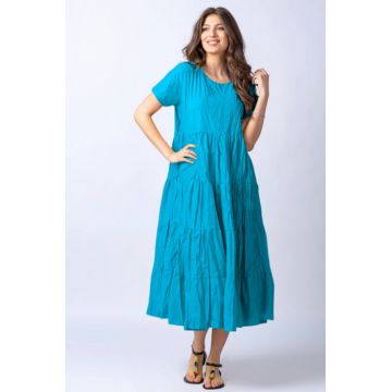 Rochie lunga albastru azur cu patru volane