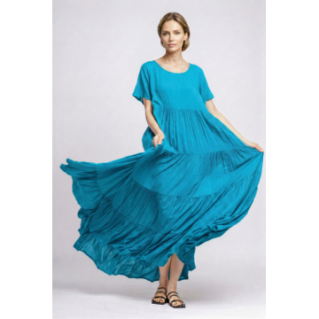 Rochie lunga, croi amplu cu patru volane, stil boem elegant, albastru azzuro