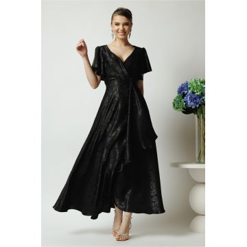 Rochie lunga eleganta din satin neagra cu model si volan