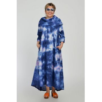Rochie maxi,  A-line, din in, cu guler amplu, cu imprimeu boem tie-dye bleumarin