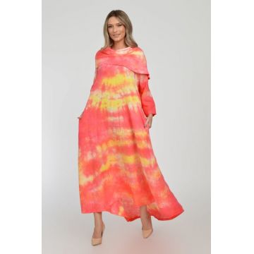 Rochie maxi,  A-line, din in, cu guler amplu, cu imprimeu boem tie-dye corai