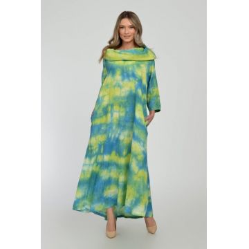 Rochie maxi,  A-line, din in, cu guler amplu, cu imprimeu boem tie-dye galben-turcoaz