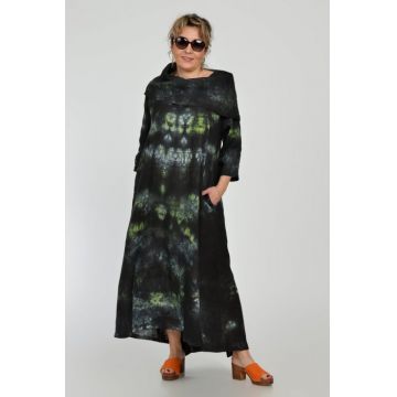 Rochie maxi,  A-line, din in, cu guler amplu, cu imprimeu boem tie-dye negru