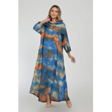 Rochie maxi,  A-line, din in, cu guler amplu, cu imprimeu boem tie-dye portocaliu-bleumarin