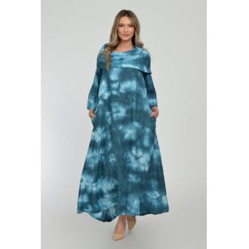 Rochie maxi,  A-line, din in, cu guler amplu, cu imprimeu boem tie-dye turcoaz
