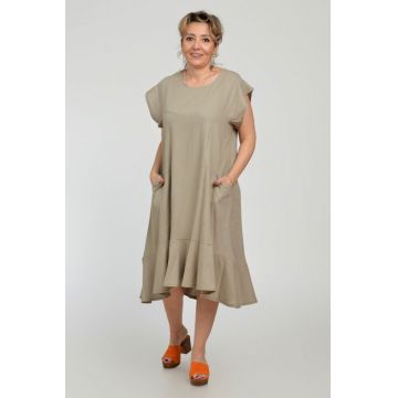 Rochie midi A-line din in mercerizat cu buzunare si volan, bej