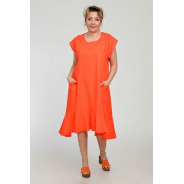 Rochie midi A-line din in mercerizat cu buzunare si volan, corai