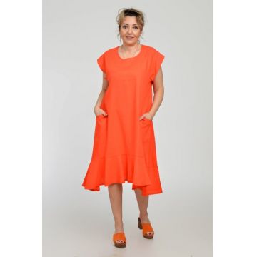 Rochie midi A-line din in mercerizat cu buzunare si volan, corai