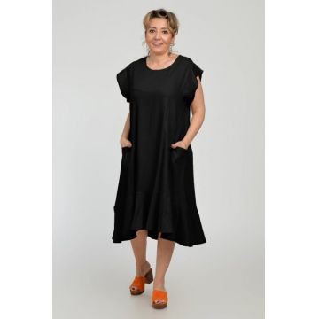 Rochie midi A-line din in mercerizat cu buzunare si volan, neagra